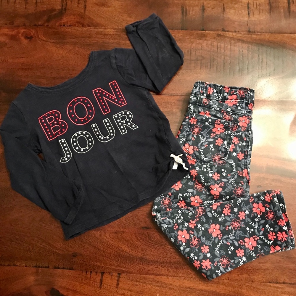 Girls OshKosh Floral Print Jeans & L/S Knit Top